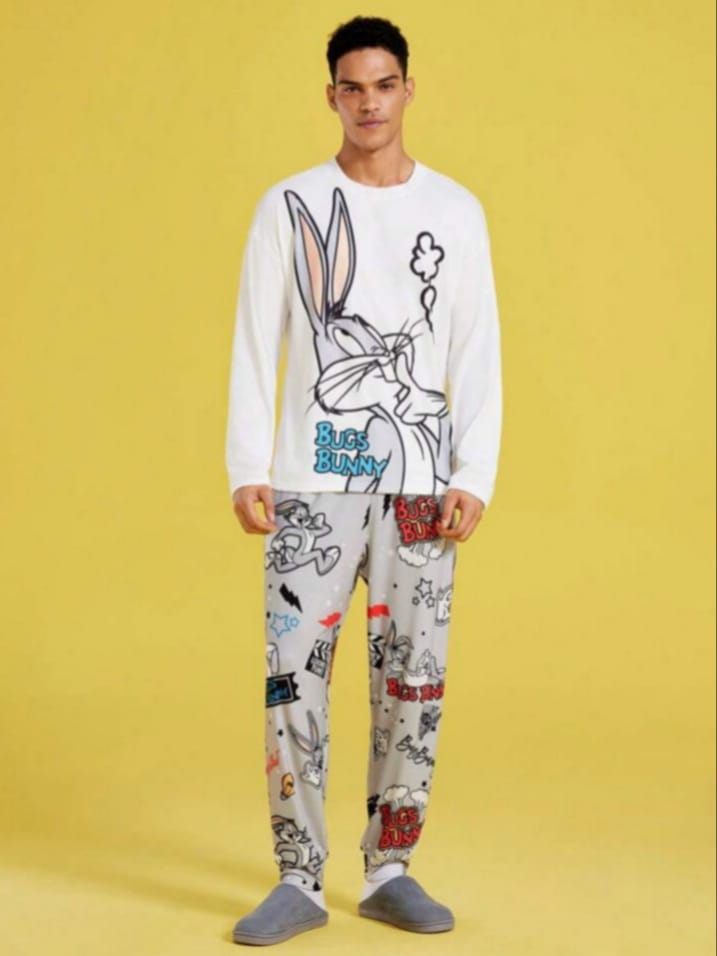 Uptown Funky Men's Casual Loose Knit Cartoon rabbit Print Long Sleeve T-Shirt & Funny Grey Pant Sleepwear Set